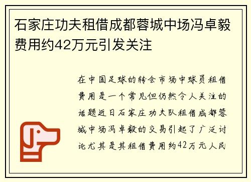 石家庄功夫租借成都蓉城中场冯卓毅费用约42万元引发关注