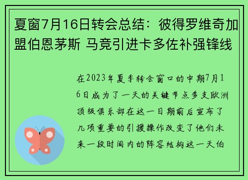 夏窗7月16日转会总结:彼得罗维奇加盟伯恩茅斯 马竞引进卡多佐补强锋线