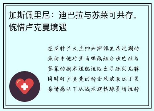 加斯佩里尼:迪巴拉与苏莱可共存,惋惜卢克曼境遇
