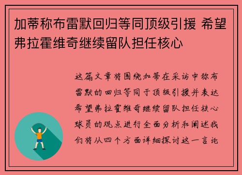 加蒂称布雷默回归等同顶级引援 希望弗拉霍维奇继续留队担任核心