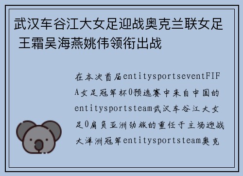 武汉车谷江大女足迎战奥克兰联女足 王霜吴海燕姚伟领衔出战